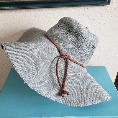Scala Sun Hat Blue Gray Straw One Size Wide Brim Floppy Beach Boho Peasant Braid - Image 1 of 4