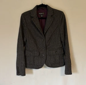 Eddie Bauer Blazer 12 Womens Wool Bl Gray Fitted Tweed Herringbone Preppy Jacket - Picture 1 of 10