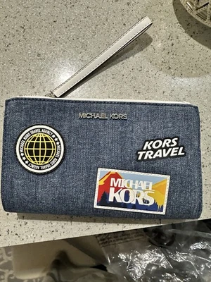 Michael Kors Jet Set Agencia de Viajes Grande Doble Cremallera Muñequera Bolso sin asas Denim, NUEVO Foto 1 de 4