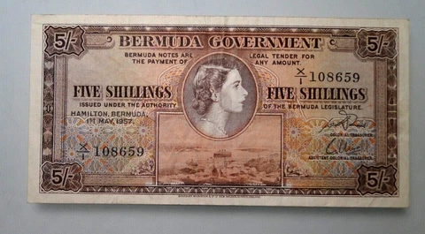 BERMUDA 1957 5 SHILLINGS BANKNOTE CAT # 18b Cover