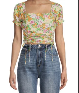 Derek Herz grün Multi Blumen Puffärmel Top vorne Raffung Neu mit Etikett Junior Medium - Bild 1 von 4