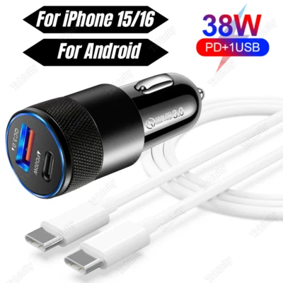 For iPhone 15 16 Pro iPad Pro Samsung PD 38W Fast Car Charger USB-C Type C Cable - Image 1 of 4
