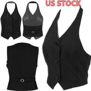 US Women's Vest V Neck Crop Top Button Double-Breasted Business Suit Waistcoat