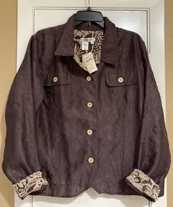 NWT Coldwater Creek Sz XL Brown Burnout Trim Long Sleeve Crinkle Thin Jacket $89 - Picture 1 of 4