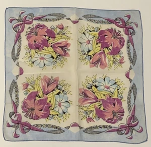 Vintage Blue Purple White Floral Hankie Hanky Handkerchief - Picture 1 of 5