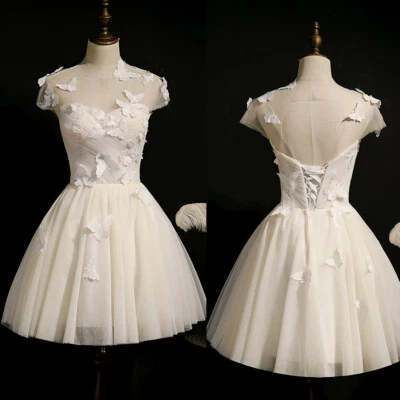 Short Wedding Dresses With 3D Butterfly Lace Mini White Beach Bridal Gowns - Image 1 of 4