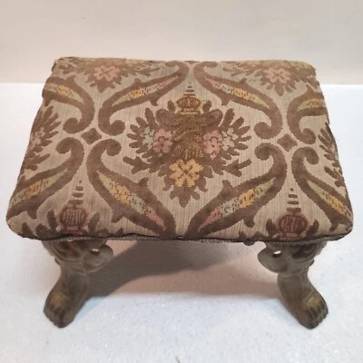 Vintage Victorian Beige Filigree Fabric Footstool with Cast Iron Claw Feet - Image 1 of 4