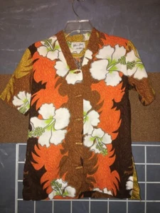 Vtg Mei Jan of Hawaii barkcloth floral Hawaiian top toggle buttons 10 36" bust - Picture 1 of 2