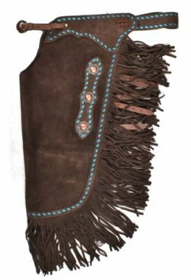 SHOWMAN Western Saddle Horse Chinks / Chaps Brown Suede w/ Turquoise Buckstitch S M L