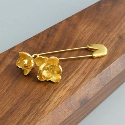 Gold Plated 925 Sterling Silver Safety Pin Brooch with Hanging Flowers Unique - Image 1 of 4
