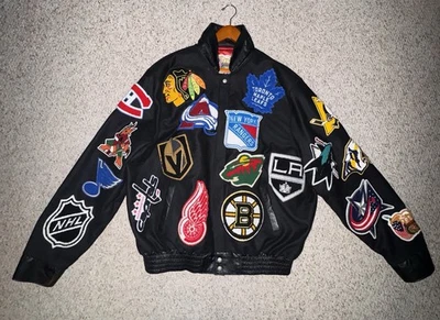 Jeff Hamilton NHL Collage Patch Black Wool Leather Jacket Black Mens Sz 3XL $850 - Image 1 of 4