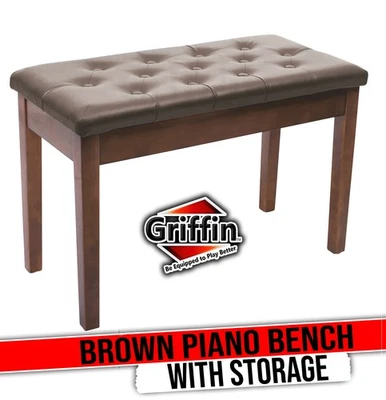 GRIFFIN Brown Wood Leather Piano Bench | Double Vintage Design Ergonomic Chair - Image 1 of 4