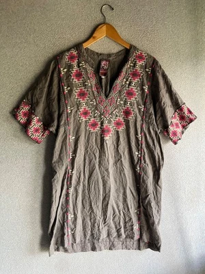 Vestido para mujer JWLA Johnny Was grande gris bordado geométrico 100 % lino playero Foto 1 de 4