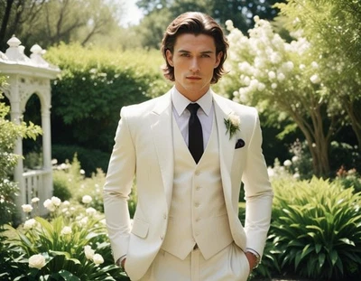 Men's Wedding Ivory 3 Piece Suit Slim Fit Groom Attire Elegant Coat Pant Vest - Image 1 of 4