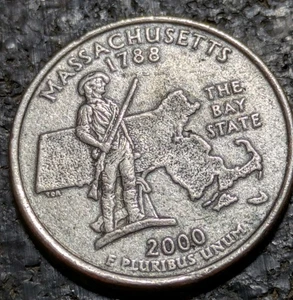 2000-D 25c Massachusetts State Quarter Black Toned Strong Black Copper Toning - Picture 1 of 11