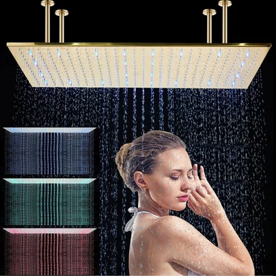 Brushed Gold LED Rain Shower Head 16X32 Inch Rainfall Top Sprayer Ceiling Mount - Image 1 of 4