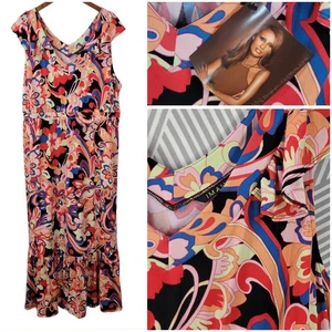NEW Iman Maxi Dress Plus Size 2X 18/20 Stretch Long V Neck Geometric Floral Pink - Picture 1 of 10