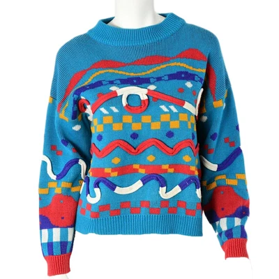 Sudadera De Colección Años 80 Gráfica De Gran Tamaño Para Mujer L Azul Novedad 3D Tejido Squiggle Foto 1 de 4