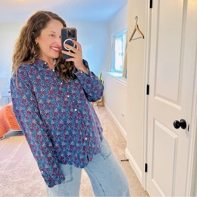 Vintage LL Bean Blue Floral Wrinkle Free Button Up Top Blouse XL - Imagem 1 de 4