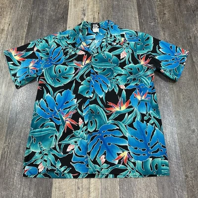 Camisa Hawaiana Hilo Hattie Vintage Años 90 Negro Verde Azulado Monstera Patrón Floral Grande Foto 1 de 4