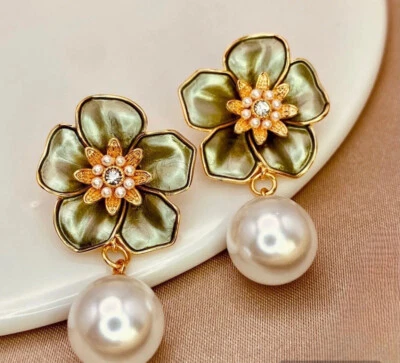 Pendientes Esmalte Perla Camelia Verde Plata 925 Poste Vintage Mujer Joyería Nuevos con Etiquetas Foto 1 de 4