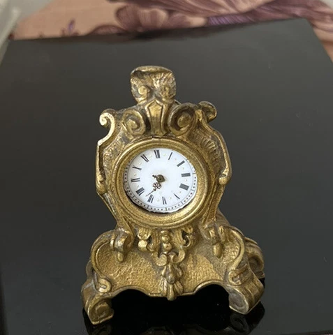 MINIATURE ANTIQUE 19th FRENCH GILT BRONZE CLOCK  PENDULE FOR REPAIR 3” ORMOLU Cover