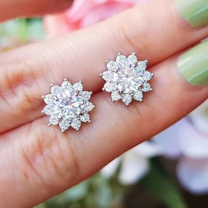 Round Diamond Floral Cluster Stud Daisy Wedding Earrings 14K White Gold Finish - Picture 1 of 6