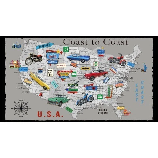 Mapa de motocicletas Coast to Coast EE. UU. tela de algodón por panel en blanco de 24" Foto 1 de 1
