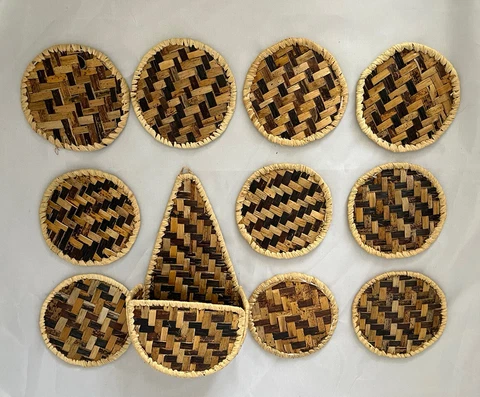 Kenya African Woven Banana Leaf Fiber Coaster Set 10 With Hanging Basket Storage Cover