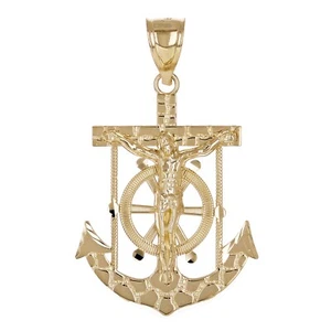 14k Yellow Gold Jesus Christ Crucifix Nugget Anchor Ship Mariners Pendant 1.6" - Picture 1 of 4
