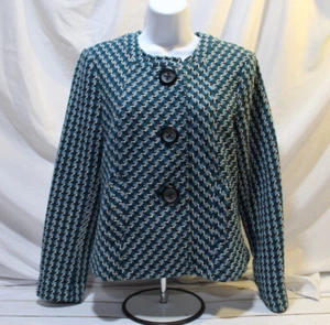 I.C.E. Women's M Teal Black Herringbone Tweed Lined Large Button Blazer Pockets - Picture 1 of 16