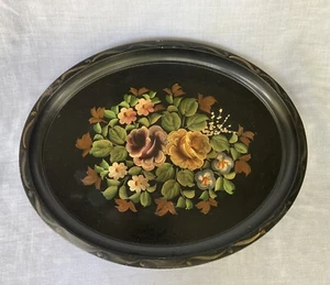 Metal Tole Ware Serving Tray Handpainted Black w Floral Center Oval 17 x 12 Vtg - Picture 1 of 13