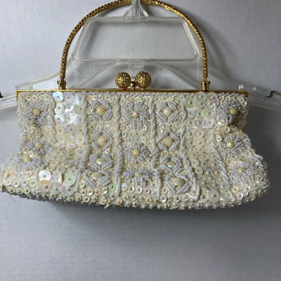 Dena Of Dallas Ivory Gold Sequin Kisslock Beaded Hand Bag Studded 1960s Evening - Image 1 of 4