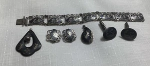 Set Vintage Siam Sterling, 2 Halskette Anhänger Manschettenknöpfe, Clip-on Ohr - Bild 1 von 7