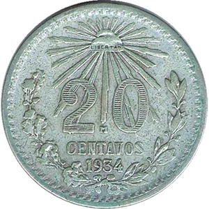 MEXICO MONEDA DE PLATA 20 CENTAVOS 1934 - Imagen 1 de 2