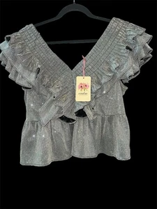 Blusa Entro Starry Nights Peplum argento glitter scollo a V volant taglia large nuova - Foto 1 di 4