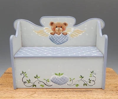 Karen Markland Painted Teddy Bear Angel Bench Toy Chest Dollhouse Miniature 1:12 - Image 1 of 4