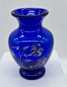 Blue Fenton Glass Vase Hand Painted Morning Glory Signed 6 1/2 inches - Picture 1 of 12