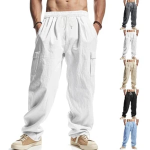 Men’s Workwear Multi-pocket Straight Linen Pants Thin Breathable Cargo Pants - Picture 1 of 28