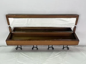Rustic Natural Hangable Wood Framed Mirror Shelf w/ 4 Hooks Keys Ties Coats - Picture 1 of 9