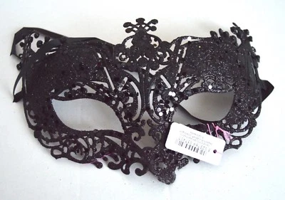 NEW Black Glitter Filigree Masquerade Mask Eye Prom Medevial Gothic Halloween UK - Image 1 of 3