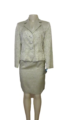 NUEVO CON ETIQUETAS, Traje Falda Oleg Cassini Negro Corbata Verde y Blanco Metálico 2 Piezas, Talla 4P Foto 1 de 4