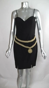 100% Auth Vintage MOSCHINO COUTURE Double Gold Chain On LBD Pencil Dress 42 / 8 - Picture 1 of 7