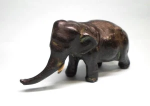 Vintage CAST METAL ELEPHANT FIGURINE Bronze Finish Painted Tusks 4.25" Long - Picture 1 of 9