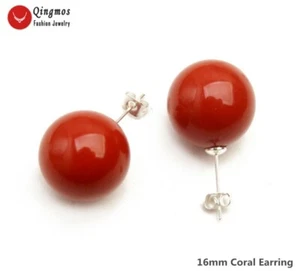 Pendiente Coral Rojo Redondo Natural 16mm para Mujer Joyería Plata 925 Stud ear724 - Imagen 1 de 6