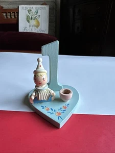 Vintage IRMI Erster Geburtstag Kerzenhalter Tortenaufleger Holz Clown Akkordeon - Bild 1 von 6