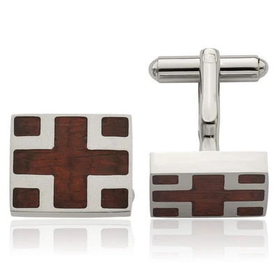 Stainless Steel Cherry Wood Cross Square Cufflinks Set for Men - Image 1 of 4