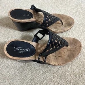 Coach Wedge Sandals Womens 6 B Black Brooke OP Art Signature Patent Leather - Picture 1 of 4