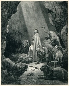 Gustave Dore DANIELE NELLA TANA DEI LEONI antica stampa arte biblica 1890 incisione - Foto 1 di 4