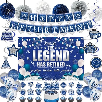 Retirement Decorations Balloons Banner Kit - 39 Pcs Blue Silver Happy...  - Image 1 of 4